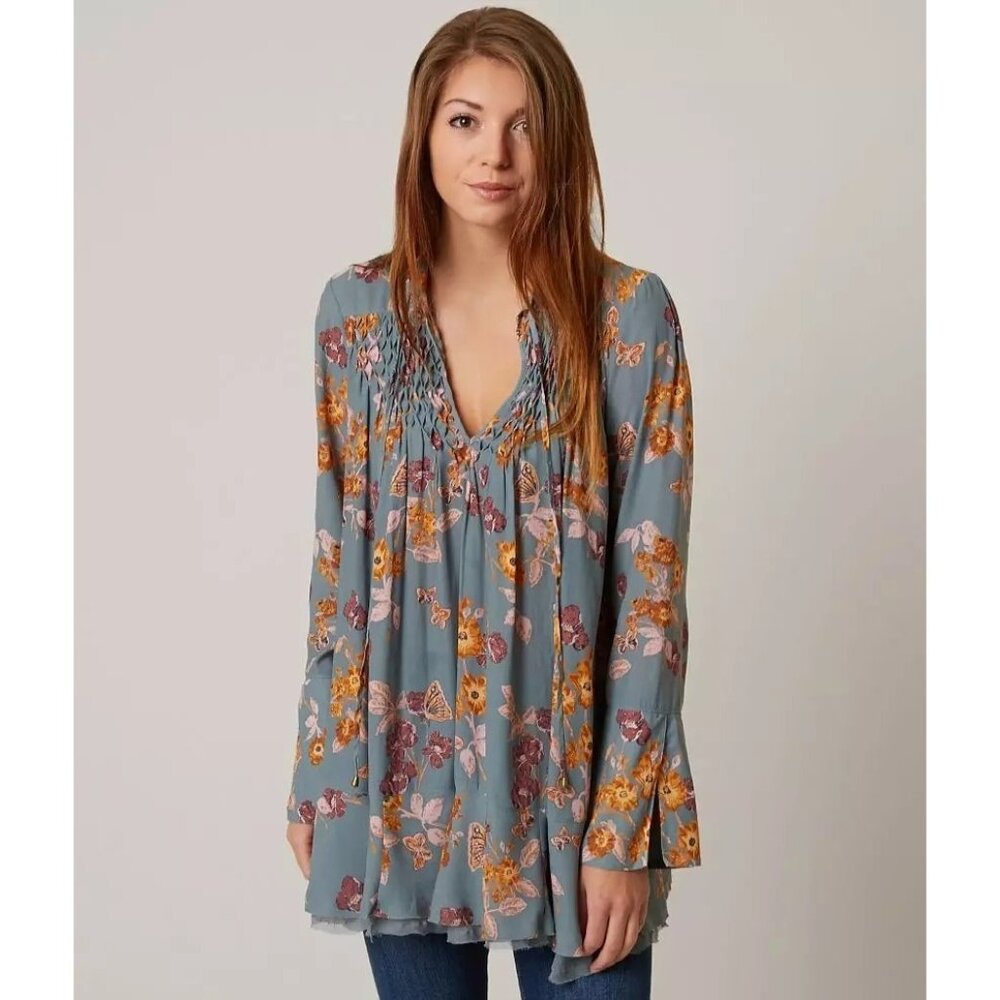 Free People Pebble Crepe Tunic Flowy Oversize Hippie Boho Floral Top, Size XS